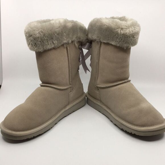 Lamo Audrey Suede and faux fur lined Boots in Dove Gray & Tan Sz 9 ribbon detail - Picture 12 of 16
